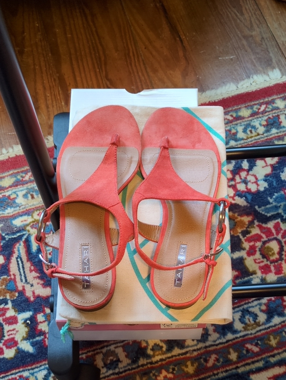 Tahari Coral Red Suede T-Strap Sandals